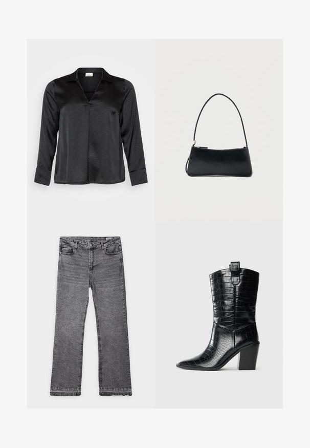 Zwarte satijnen blouse met een V-hals, lange mouwen en een subtiele stippenpatroon. Voorzien van een klassieke kraag en knoopmanchetten voor een verzorgde uitstraling.; Rechte grijze denim jeans met vijf zakken, zichtbare naden, riemlussen, knoop en ritssluiting, plat neergelegd op een witte achtergrond.; Zwarte westernlaars tot halverwege de kuit met een spitse neus, blokhak en hoogglanzend leer met krokodillenopdruk tegen een witte achtergrond.; Zwart rechthoekig handtasje met een dunne band en ritssluiting, afgebeeld tegen een effen witte achtergrond.