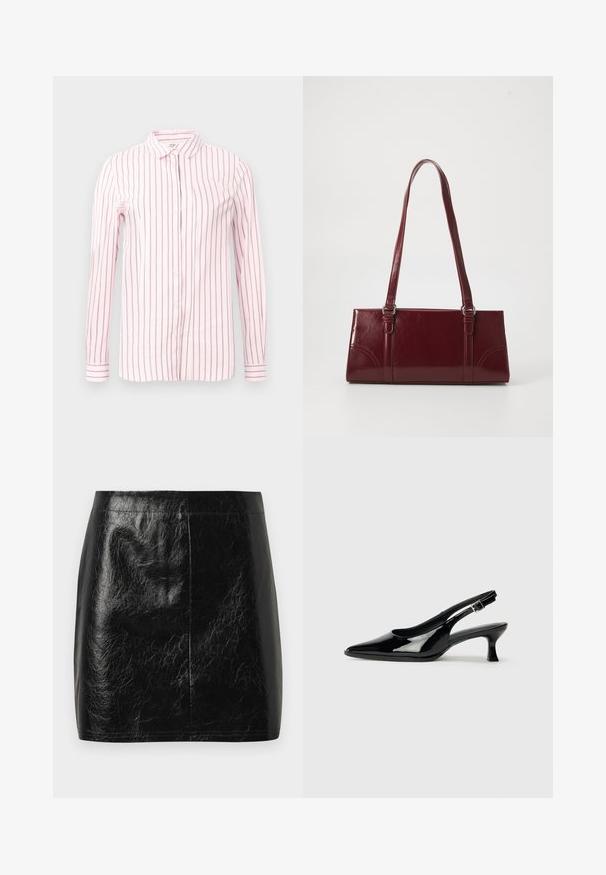 Camisa rosa clara con rayas verticales color granate, de mangas largas, con cierre de botones en la parte delantera y un cuello clásico. Tejido suave y diseño ajustado.; Minifalda de piel sintética negra con una textura suave y brillante, que presenta un corte recto y una costura mínima en la cintura.; Zapatos de charol negro tipo slingback con punta afilada y tacón bajo. Correa ajustable con hebilla en el tobillo.; Bolso burdeos hecho de material brillante, de forma rectangular, con dos asas para el hombro y sutiles acentos curvados en la parte frontal.