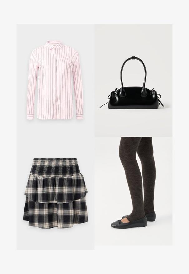 Lichtroze shirt met verticale kastanjebruine strepen, lange mouwen, knoopsluiting aan de voorkant en een klassieke kraag. Glad stof en aansluitend ontwerp.; Zwart-wit geruite tiered rok met smock tailleband. Heeft gerimpelde lagen en een zachte katoentextuur.; Benen met donkere geribbelde leggings gecombineerd met zwarte ballerina's met kleine strikdetails op een witte achtergrond.; Kleine zwarte glanzende handtas met twee lange hengsels en zijkant trekkoord details op een effen lichte achtergrond.