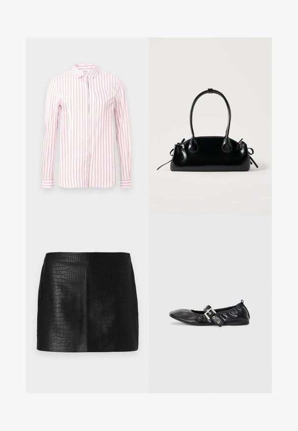Camisa rosa clara con rayas verticales color granate, de mangas largas, con cierre de botones en la parte delantera y un cuello clásico. Tejido suave y diseño ajustado.; Mini falda de piel sintética negra con un patrón de cocodrilo texturizado, que presenta un acabado suave y una forma entallada sin herrajes visibles.; Zapato plano de piel negra con puntera afilada, detalle fruncido alrededor de la abertura y un acento de hebilla plateada en la correa ajustable.; Pequeño bolso negro brillante con dos asas largas y detalles de cordón lateral sobre un fondo claro liso.