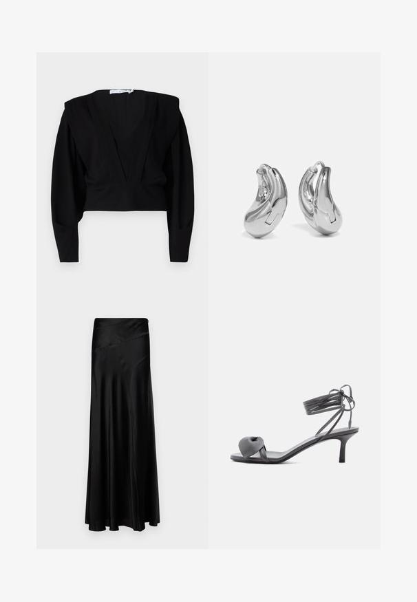 Sort cropped bluse med dyb V-udskæring, lange ærmer og strukturerede skuldre. Fremstillet af blødt, mat stof med minimal detaljer.; Sort satin maxi nederdel med en glat tekstur, flydende form og asymmetrisk taljedesign. Har en simpel, elegant silhuet.; Grå læder sandal med hæl, knyttet rem ved tæerne og snørebånd, der vikles om anklen, på slank mellemhøj hæl mod hvid baggrund.; Sølvøreringe med en buet, blank finish og et sømløst design. Har en hængsellukning for sikker bæring.