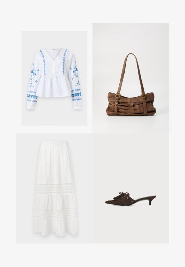 Blouse blanche à manches longues, col en V, broderie florale bleue sur les manches et le devant, patte de boutonnage, et taille froncée.; Jupe maxi en coton blanc avec un tissu en broderie anglaise, un design en étages, une taille élastique et des accents en dentelle le long de l'ourlet et des panneaux.; Mule pointue en daim brun foncé avec un petit talon kitten, pampilles décoratives et détail en dentelle sur fond blanc.; Even&Odd Sac à main - brown