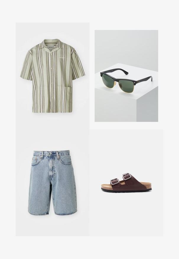 Kortærmet skjorte med knapper i lysegrøn med lodrette striber i mørkegrøn og hvid. Har to forlommer og krave.; Lyseblå denimshorts med høj talje, lige snit, frynset kant, fem lommer og knaplukning. Slidt tekstur synlig.; Brun læder slidssandal med to justerbare sølvspænder, korkindlægssål og sort gummisål, vist fra siden mod hvid baggrund.; Ray-Ban solbriller med grønne linser, sorte plastikstel og gyldne detaljer ved kanterne. Firkantet form med mat finish.