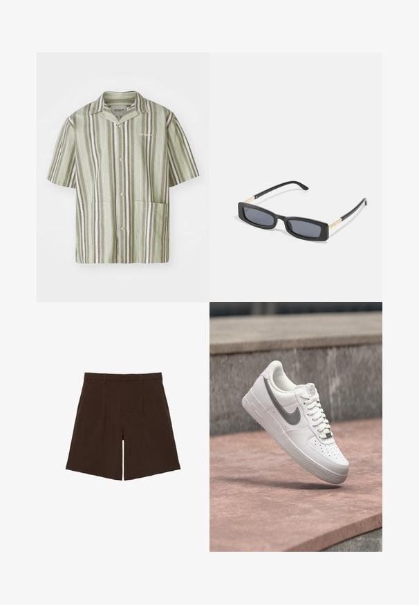 Chemise à manches courtes à boutons de couleur vert clair avec des rayures verticales vert foncé et blanches. Elle dispose de deux poches avant et d'un col à revers.; Shorts marron foncé coupés au genou, cintrés avec passants de ceinture et plis sur le devant, présentés à plat sur fond blanc.; Baskets blanches Nike Air Force 1 avec logo swoosh gris flottant au-dessus d'une surface en pierre et un mur en pierre gris en arrière-plan.; Lunettes de soleil noires rectangulaires avec des verres foncés. Les branches fines et plates présentent un accent doré. Monture en plastique lisse avec une finition mate.