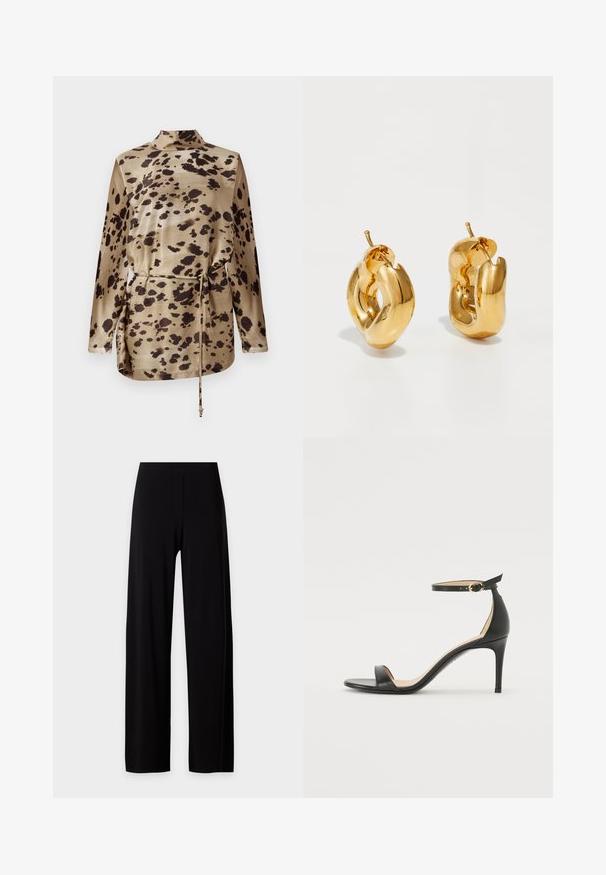 Blouse à manches longues en satin beige à motif léopard, dotée d'un col montant, d'une taille à cordon et d'une texture lisse et brillante.; Pantalon noir taille haute à jambes larges avec un devant lisse sans poches ni ornements visibles.; Sandale à talons hauts en cuir noir avec une lanière de cheville. Présente une texture lisse, un bout ouvert et un talon fin. Détail de boucle en ton doré.; Boucles d'oreilles créoles en or massif avec un design tubulaire légèrement tordu et des fermoirs à tige sur un fond blanc.