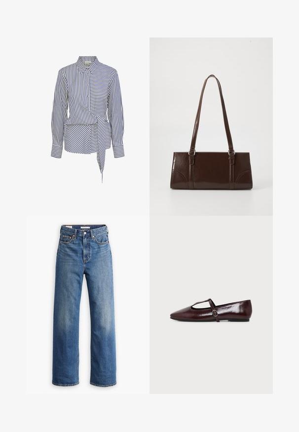 Blouse blanche avec des rayures verticales bleues, un col pointu, des manches longues et un détail de taille nouée. Boutonnage à l'avant, coupe cintrée, tissu léger.; Jean en denim bleu clair avec une taille haute, une coupe à jambes larges, un style classique à cinq poches et un léger délavage sur le tissu.; Chaussure plate en cuir bordeaux foncé avec un bout pointu et une fine bride en T avec une boucle argentée sur fond blanc.; Sac à main en cuir verni marron de forme rectangulaire, avec deux longues poignées et des accents courbés subtils à l'avant.