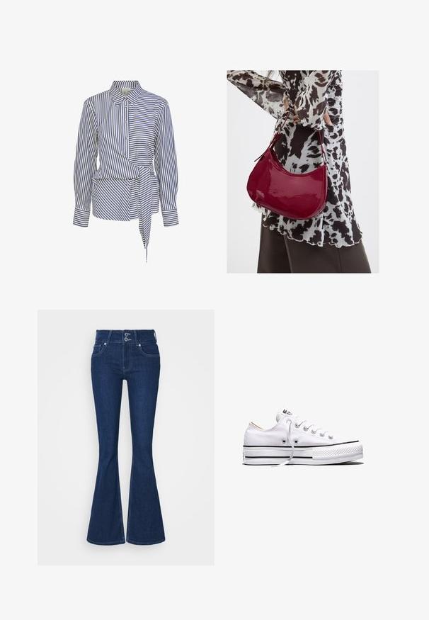 Blouse blanche avec des rayures verticales bleues, un col pointu, des manches longues et un détail de taille nouée. Boutonnage à l'avant, coupe cintrée, tissu léger.; Jean évasé bleu foncé à taille haute, avec deux boutons de fermeture et des poches avant. Fabriqué en denim avec des détails de couture visibles le long des coutures.; Baskets basses en toile blanche avec lacets blancs, bandes noires sur la semelle et embout en caoutchouc texturé, vue de côté sur fond blanc.; Femme portant un chemisier à motif noir et blanc tenant un sac à main rouge brillant sur un fond uni.
