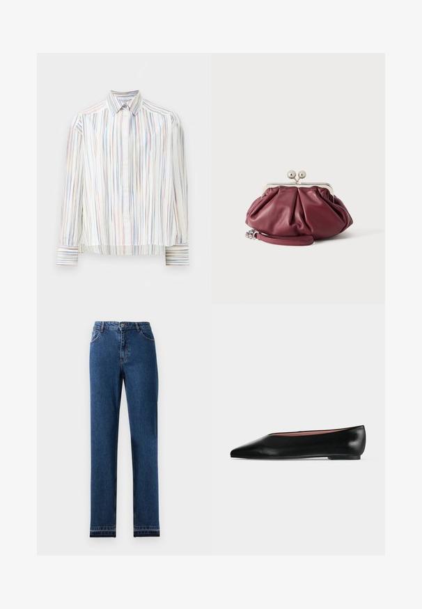 Gestreifte Bluse mit weißem Grund, versehen mit schmalen, mehrfarbigen Linien in Blau, Orange und Grün. Lange Ärmel und klassischer Kragen.; Blaue Jeans aus Denim mit geradem Bein, fünf Taschen und einem Knopfverschluss. Mit kontrastierenden Nähten und einem leichten Verblassen.; Schwarzer flacher Damenleder-Schuh mit spitzer Kappe und niedrigem Absatz, von der Seite auf einfarbigem hellgrauem Hintergrund gezeigt.; Kleine bordeauxrote Leder-Clutch mit silbernem Metallverschluss und Handgelenksriemen auf weißem Hintergrund.