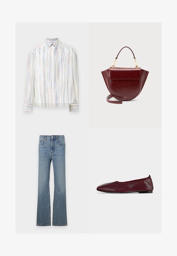 Gestreifte Bluse mit weißem Grund, versehen mit schmalen, mehrfarbigen Linien in Blau, Orange und Grün. Lange Ärmel und klassischer Kragen.; Helle blaue Denim-Jeans mit weitem Bein, hoher Taille, Fronttaschen und kontrastreicher Naht. Einfaches Design mit klassischem Knopfverschluss.; Bordeauxrote Ballerina aus Leder mit gerafftem elastischem oberen Rand und dünner schwarzer Sohle auf weißem Hintergrund.; Dunkelrote Ledertasche mit Tragegriff, goldenen Beschlägen, Klappvordertasche und langem Riemen, vor einem schlichten hellen Hintergrund.