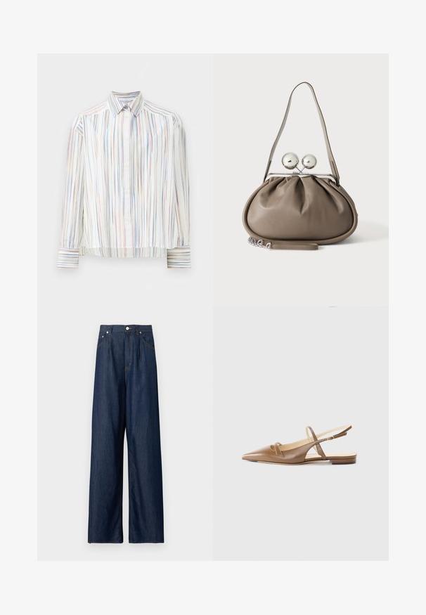 Stribet skjorte med hvid bund, prydet med smalle meget farverige linjer i blå, orange og grøn. Lange ærmer og klassisk krave.; Vidbenede jeans i mørkeblå denim med høj talje, knapper foran, lynlås og sidelommer mod en ensartet lys baggrund.; Brune lædersandaletter med spidse tæer, to smalle stropper og en lav hæl. Glat tekstur med en poleret finish.; Grå læderhåndtaske med rundet form, toplås med to store sølvkugler og en enkelt strop.