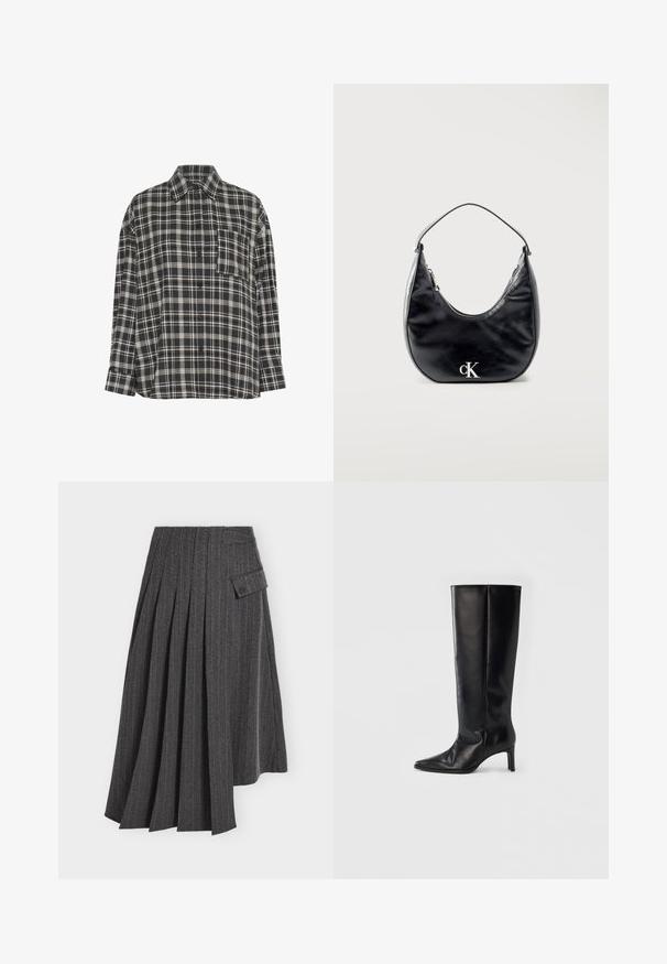 Chemise à manches longues à carreaux noir et blanc, avec col et poche poitrine, présentée sur un fond blanc.; Jupe plissée gris foncé avec des fines rayures verticales et un ourlet asymétrique comportant une petite poche à rabat sur un côté.; Bottes noires montantes en cuir lisse, avec un bout pointu et un talon fin, une tige ajustée et un design minimaliste.; Sac à main en cuir noir en forme de croissant avec une sangle courte et un logo "cK" argenté sur le devant, fermeture éclair en haut.