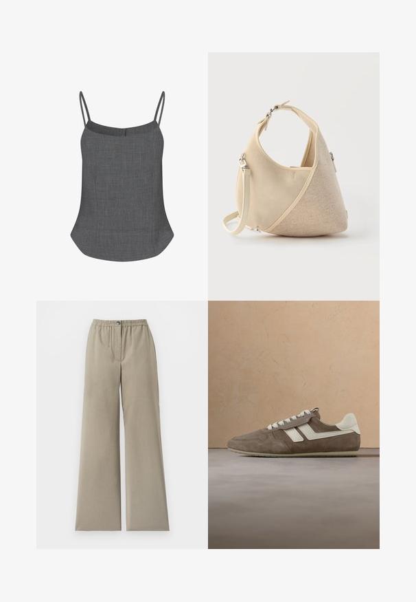 Camisole en lin gris avec de fines bretelles spaghetti, un décolleté droit et un ourlet évasé, présentant une finition texturée subtile.; Pantalon beige à jambes larges avec taille élastique et fermeture par bouton, tissu lisse, détail de couture à l'avant, sur fond blanc.; Baskets en daim brun clair avec des accents blancs. Présentent une conception à lacets, une tige texturée et une semelle en caoutchouc. Esthétique minimaliste.; Sac à main beige en forme de croissant avec textures de tissus mélangées, poignée courte et bandoulière amovible, sur fond clair.