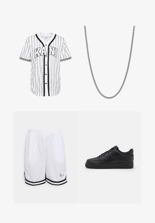 Camisa de béisbol blanca de manga corta con rayas negras, que presenta un cierre frontal de botones y la palabra "KANI" exhibida de forma destacada en letras negras.; Bermudas deportivas blancas hechas de un tejido ligero, con un dobladillo a rayas negras y un logotipo distintivo en la parte inferior izquierda delantera.; Nike Sportswear AIR FORCE 1 07 FLYEASE - Zapatillas - black; Collar de cadena de metal con un diseño trenzado, color plata, textura suave y eslabones uniformes, adecuado para varios estilos y ocasiones.