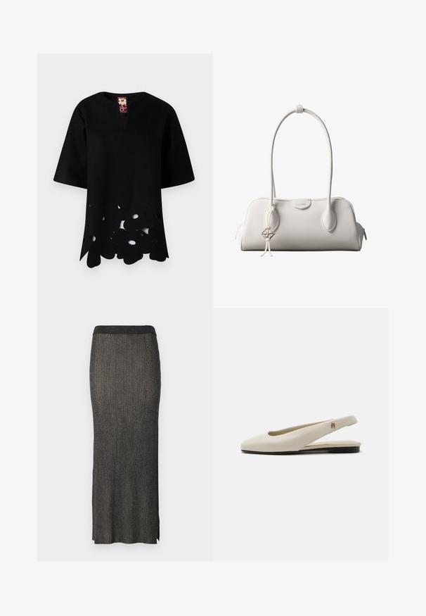 Haut noir avec un décolleté en V et des manches courtes. Présente un motif floral découpé unique le long de l'ourlet, fabriqué à partir d'un tissu texturé.; Jupe midi en tricot gris foncé avec des côtes verticales, une silhouette ajustée et des fentes à l'ourlet pour plus de liberté de mouvement. Tissu doux et texturé.; Chaussure plate slingback en cuir couleur crème avec un bout arrondi et un petit emblème doré sur la bride.; Sac à bandoulière blanc Calvin Klein avec longues poignées, forme rectangulaire, fermeture éclair et charm logo décoratif suspendu près de la poignée.