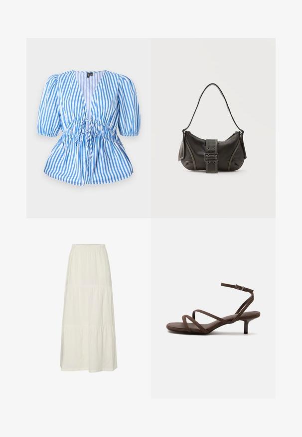 Blauwwit gestreepte blouse met korte pofmouwen, een V-hals en een verstelbare taille met koord. Glad katoen voelen.; Witte, gelaagde maxi-rok van lichtgewicht, gestructureerde stof met een elastische tailleband. Bevat drie verschillende stofsecties.; Bruine sandaal met hoge hak, dunne gekruiste bandjes en een enkelbandje met een zilveren gesp op een witte achtergrond.; Zwarte leren schoudertas met gespsluiting aan de riem, afgeronde hoeken en contrasterende witte stiksels op een effen achtergrond.