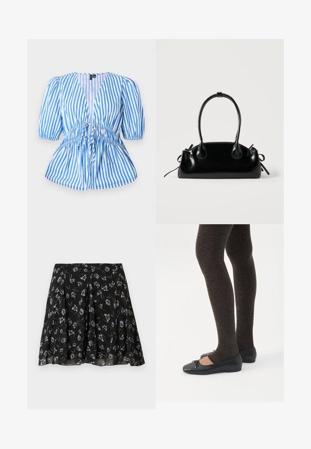 Blauwwit gestreepte blouse met korte pofmouwen, een V-hals en een verstelbare taille met koord. Glad katoen voelen.; Zwarte geplooide rok met witte en olijfgroene bloemenprint, vloeiende stof met subtiele textuur, ontwerp met een middenlange lengte.; Benen met donkere geribbelde leggings gecombineerd met zwarte ballerina's met kleine strikdetails op een witte achtergrond.; Kleine zwarte glanzende handtas met twee lange hengsels en zijkant trekkoord details op een effen lichte achtergrond.