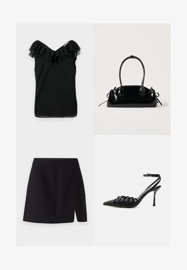 Blouse noire sans manches pour femmes avec encolure à volants décolletée et détails en tissu transparent sur les bords, sur fond blanc.; Mini-jupe noire en tissu lisse, dotée d'une taille ajustée et d'une fente à l'avant qui apporte une touche moderne à son design simple.; Chaussure à talon haut noire à bout pointu, bords festonnés, œillets métalliques, lacets à l'avant et bride de cheville avec fermeture à boucle.; Petit sac à main noir brillant avec deux longues anses et des détails à cordon sur les côtés sur un fond clair uni.