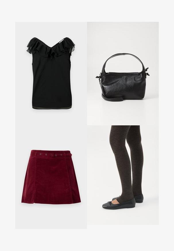 Blouse noire sans manches pour femmes avec encolure à volants décolletée et détails en tissu transparent sur les bords, sur fond blanc.; Jupe en velours côtelé rouge foncé avec une ceinture assortie et des œillets métalliques, présentant une légère forme trapèze et un détail sur le panneau avant.; Jambes portant des leggings côtelés foncés associés à des ballerines noires avec de petits détails en nœud sur fond blanc.; Sac à main en cuir noir au design structuré, avec une poignée arrondie et une bandoulière amovible. Présente une texture lisse et un éclat subtil.