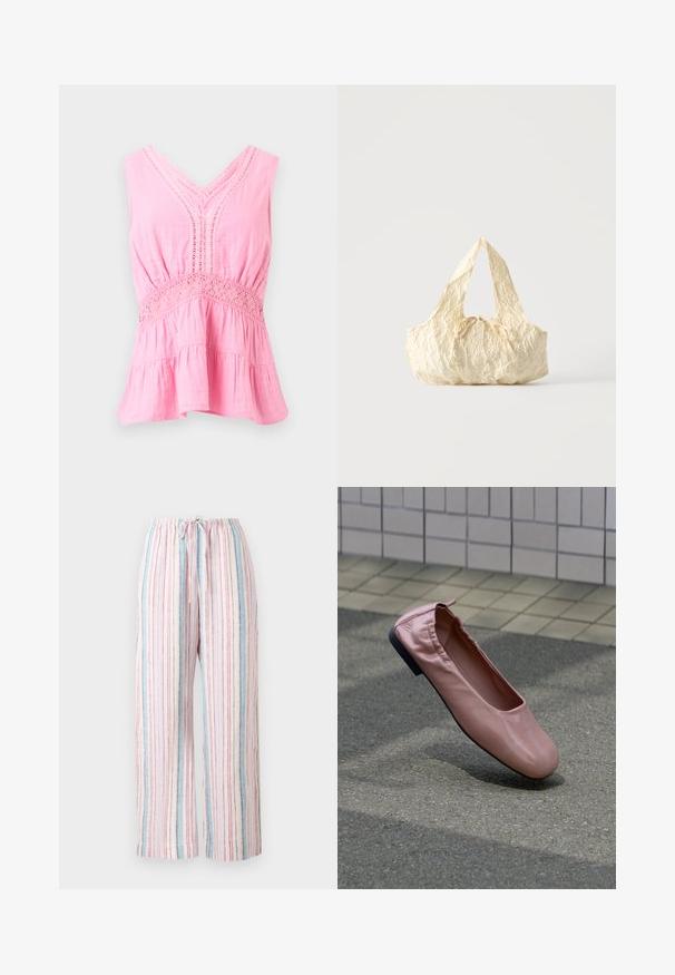 Blouse rose sans manches avec col en V, détails en dentelle le long de l'encolure et de la taille, tissu froncé et ourlet évasé à volants.; Pantalon léger à jambes larges avec des rayures verticales pastel en rose, bleu et blanc, doté d'une taille élastique avec coulisse.; Chaussure plate en cuir rose avec talon élastiqué flottant au-dessus d’un sol en asphalte gris, mur carrelé en arrière-plan.; Sac à main en tissu texturé couleur crème avec des anses sur le dessus et un petit nœud noué au centre devant.
