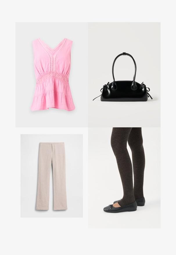Blouse rose sans manches avec col en V, détails en dentelle le long de l'encolure et de la taille, tissu froncé et ourlet évasé à volants.; Pantalon beige à jambes larges avec taille haute, détail de couture à l'avant, sans boutons ni poches visibles, posé à plat sur fond blanc.; Jambes portant des leggings côtelés foncés associés à des ballerines noires avec de petits détails en nœud sur fond blanc.; Petit sac à main noir brillant avec deux longues anses et des détails à cordon sur les côtés sur un fond clair uni.