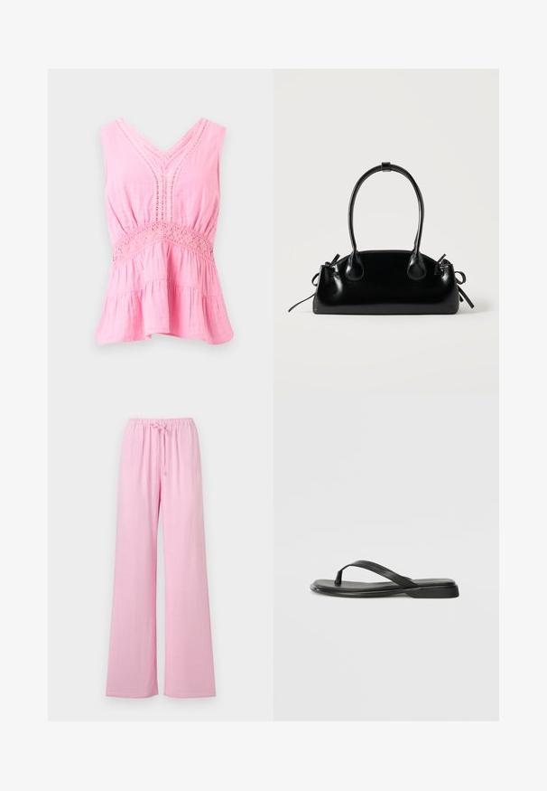 Blouse rose sans manches avec col en V, détails en dentelle le long de l'encolure et de la taille, tissu froncé et ourlet évasé à volants.; Pantalon large rose clair avec ceinture élastique et cordon de serrage, fabriqué dans un tissu doux et fluide.; Tongs noires en cuir lisse, avec un design de sangle fine et une semelle plate à profil minimal. Aucun motif ou accent notables.; Petit sac à main noir brillant avec deux longues anses et des détails à cordon sur les côtés sur un fond clair uni.