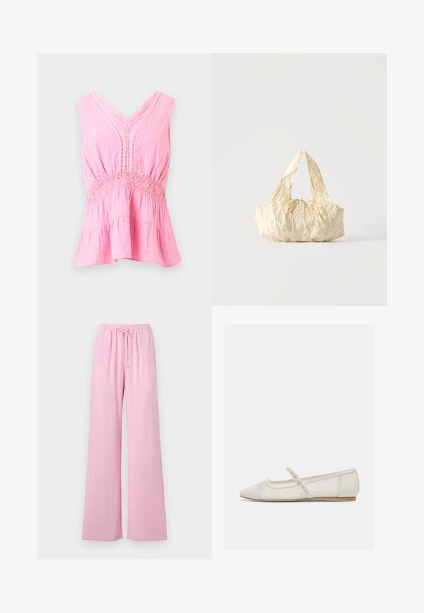 Blouse rose sans manches avec col en V, détails en dentelle le long de l'encolure et de la taille, tissu froncé et ourlet évasé à volants.; Pantalon large rose clair avec ceinture élastique et cordon de serrage, fabriqué dans un tissu doux et fluide.; Chaussure plate ivoire à bout pointu avec bride ornée de perles et petit talon en bois, vue de côté sur un fond clair.; Sac à main en tissu texturé couleur crème avec des anses sur le dessus et un petit nœud noué au centre devant.