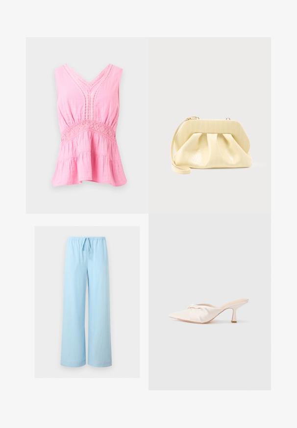 Blouse rose sans manches avec col en V, détails en dentelle le long de l'encolure et de la taille, tissu froncé et ourlet évasé à volants.; Pantalon ample bleu clair avec une taille élastique et un cordon de serrage, présenté sur un fond gris uni.; Chaussure mule en tissu beige clair avec un design noué à l'avant, bout pointu et talon fin et effilé. Texture lisse dans l'ensemble.; Pochette en cuir couleur crème avec un cadre supérieur structuré et une lanière pour poignet, présentée sur un fond clair uni.
