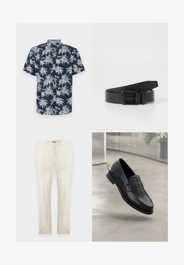 Kurzärmliges, knöpfbares Hemd in Marineblau mit einem weißen Palmenprint. Verfügt über einen kragenförmigen Ausschnitt und braune Knöpfe. Strukturiertes Material.; Beige Freizeithose mit Vordertaschen, Reißverschluss und Kordelzug in der Taille, gerader Beinpassform, vor einfachem Hintergrund dargestellt.; Schwarzer Lederloafer mit glatter Textur, spitzer Zehe und einem dekorativen Riemen über dem Rist. Leichte Sohle, minimalistisches Design.; Schwarzer Leder Gürtel mit einer mattschwarzen Metallschließe, ausgestattet mit einer glatten Textur und einfachem Design. Verstellbare Länge mit zulaufendem Ende.