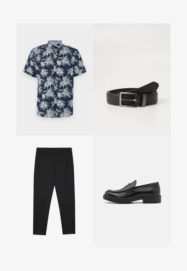 Kurzärmliges, knöpfbares Hemd in Marineblau mit einem weißen Palmenprint. Verfügt über einen kragenförmigen Ausschnitt und braune Knöpfe. Strukturiertes Material.; Pier One by Zalando PUNTO TAILORED PANTS - Chino - black; Schwarze Lederloafers mit runder Zehenform, eleganter Schlupfdesign und dicker Gummisohle mit strukturiertem Griff. Erhöhter Absatz und dezente Nähdetails.; Schwarzer Ledergürtel mit einer silbernen Metallschnalle, der eine glatte Oberfläche und ein klassisches Design aufweist. Der Gürtel ist ordentlich gefaltet.