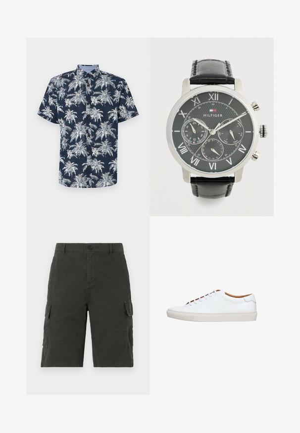 Camisa de manga corta, abotonada, en azul marino con un estampado de palmeras blancas. Presenta un cuello con pico y botones marrones. Tejido texturizado.; Pantalones cortos de carga verde oscuro, hechos de un tejido ligero, con dos bolsillos laterales y un cierre de botón en la cintura.; Zapatilla blanca de cuero con suela de goma texturizada, puntera redonda e interior en contraste color marrón claro. Cuenta con cinco ojales y cordones blancos.; Reloj de pulsera Tommy Hilfiger para hombre con correa de cuero negro, caja plateada, esfera negra, números romanos y tres subesferas para 24 horas, fecha y día.