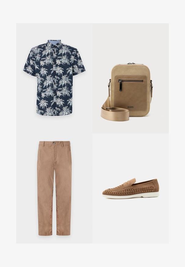 Poloko na krátky rukáv, zapínanie na gombíky, v námorníckej modrej farbe s bielou potlačou paliem. Má golier a hnedé gombíky. Textúrovaná látka.; TOM TAILOR REGULAR WASHED - Nohavice chinos - caribou beige; Hnedá semišová mokasína s tkaným detailom na boku a bielou gumovou podrážkou, zobrazená z profilu na svetlošedom pozadí.; Malá béžová kabelka cez rameno s predným vreckom na zips, kovovým logom ALDO, nastaviteľným širokým popruhom a zaobleným obdĺžnikovým tvarom na bielom pozadí.