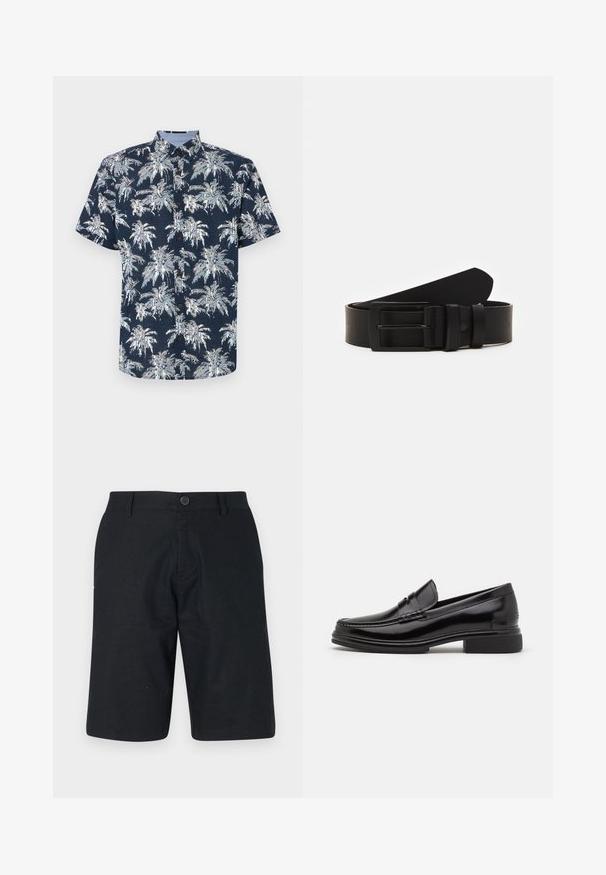 Kurzärmliges, knöpfbares Hemd in Marineblau mit einem weißen Palmenprint. Verfügt über einen kragenförmigen Ausschnitt und braune Knöpfe. Strukturiertes Material.; Schwarze Shorts aus leichtem Material, mit geradem Schnitt, einem Knopfverschluss und sauberem Saum ohne sichtbare Muster.; Schwarze Lederloafers mit runder Zehenform, ausgestattet mit einer genähten Detail über dem Vorderschaft und einem niedrigen Blockabsatz. Glatte Textur und glänzende Oberfläche.; Schwarzledergürtel mit einer mattscharzen rechteckigen Metallschnalle und zwei Gürtelschlaufen auf weißem Hintergrund.