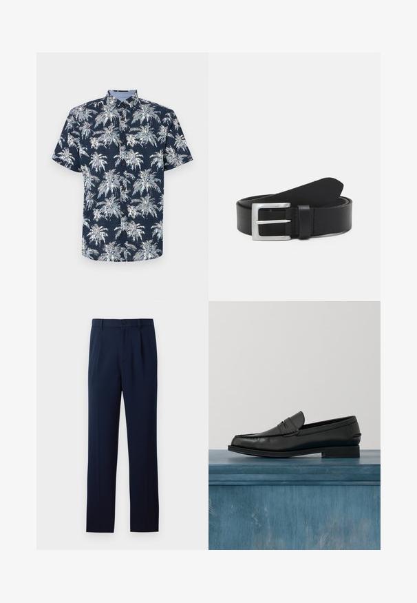 Camisa de manga corta, abotonada, en azul marino con un estampado de palmeras blancas. Presenta un cuello con pico y botones marrones. Tejido texturizado.; Pantalones azul marino de tejido suave, con cierre de botón único, pliegues y piernas rectas. Diseño minimalista sin patrones notables.; Mocasines de cuero negro con un diseño elegante, que presentan una puntera cosida y un acabado suave. El zapato tiene un tacón bajo y detalles mínimos.; Cinturón de cuero negro con una textura lisa, hebilla rectangular de plata y un lazo para el extremo. Presenta una costura ordenada a lo largo de los bordes.