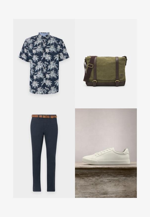 Korte mouwen, knoopshirt in marineblauw met een wit palmbomenprint. Heeft een kraag en bruine knopen. Gestructureerde stof.; Donkerblauwe chinos van katoen met een gladde textuur. Voorzien van een bruine suède riem met een gesp en een rechte pijpdesign.; Witte vetersneaker die boven een houten bank zweeft met groene bladeren op de achtergrond, waarbij het ontwerp en de textuur van de schoen worden getoond.; Groene stoffen schoudertas met bruine leren accenten, een voorflap, een verstelbare schouderriem en een ritssluiting aan de bovenkant. Voorzien van gouden hardware.