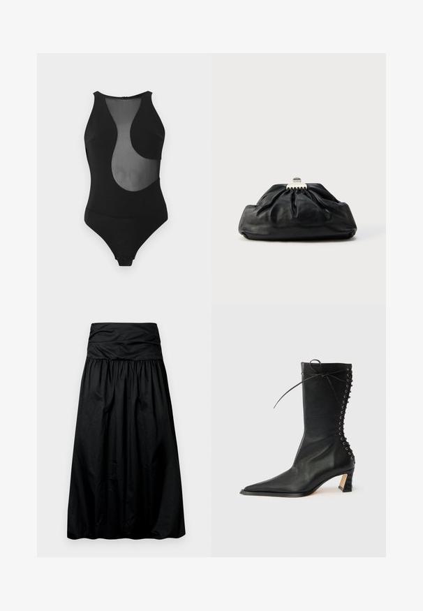 Maillot de bain une pièce noir avec un design découpé en maille, sans manches, col montant, et fermeture pressionnée en bas. Texture lisse sur toute la surface.; Jupe noire mi-longue avec un design froncé, fabriquée dans un matériau lisse. Elle présente une large ceinture froncée en haut.; Bottine noire en cuir avec bout pointu, talon fin, détail à lacets à l'arrière et œillets métalliques. Texture lisse avec un design élégant.; Pochette en cuir noir avec une texture plissée, fermeture à fermoir métallique, et logo embossé discret sur le devant. Forme arrondie.