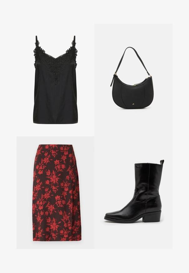 Schwarzes Top mit V-Ausschnitt und filigranen Spitzenverzierungen am Kragen. Mit Spaghetti-Trägern und einem glatten, leichten Stoff.; Anna Field MIDI SPLIT - Bleistiftrock - red/brown; Schwarze Lederstiefelette mit spitzer Zehe, niedrigem Blockabsatz und genähten Details. Verfügt über seitliche elastische Einsätze für ein leichtes Anziehen.; Schwarze Lederhandtasche mit geschwungenem Design, strukturiertem Material, vorderen Nähten und einem Logo in Goldtönen. Verfügt über einen einzelnen verstellbaren Tragegurt.