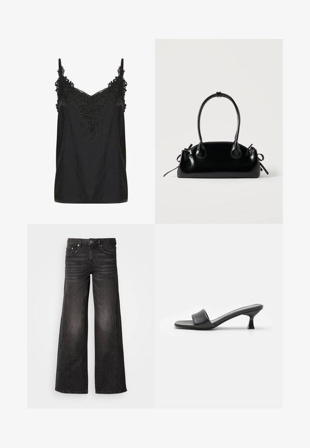 Sort cami med v-hals og intrikate blonderdetaljer ved udskæringen. Har spaghetti-stropper og et glat, let stof.; Sorte vidde-ben denimjeans med falmede detaljer, fem-lomme design, knap- og lynlåslukning.; Sorte hæle mules med en glat, mat læderoverdel, åben tå, bred rem over vristen og slank, firkantet hæl.; Lille sort blank håndtaske med to lange håndtag og snøre-detaljer i siden på en ensfarvet lys baggrund.