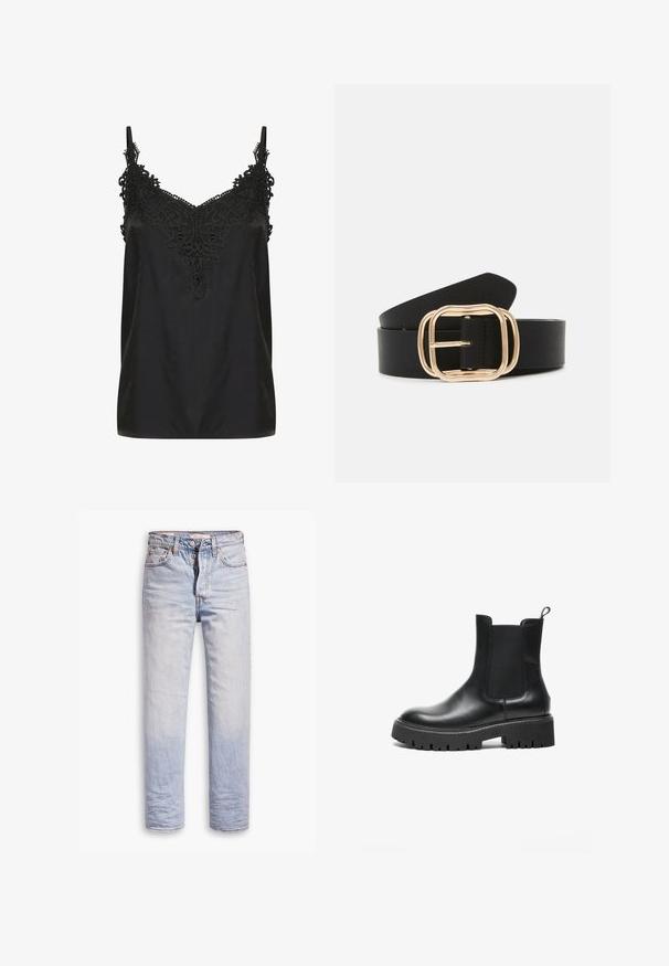 Sort cami med v-hals og intrikate blonderdetaljer ved udskæringen. Har spaghetti-stropper og et glat, let stof.; Lyseblå denimjeans med lige ben, der har en knaplukning, fem lommer og en diskret falmning langs benene.; Sort læder Chelsea-støvle med elastiske sidelapper, rund tå, kraftig gummisål og en trækkrog ved hælen.; Sort læderbælte med en rektangulær spænde i guldfarve med afrundede kanter, glat tekstur og et stilrent design.
