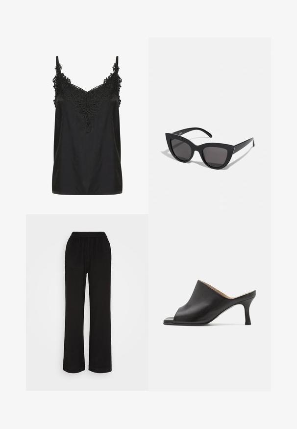 Zwart cami-top met een v-hals en ingewikkelde kantdetails bij de halslijn. Voorzien van spaghettibandjes en een soepele, lichte stof.; Zwarte elastische taille broek met rechte pijpen en zijzakken, plat weergegeven op een witte achtergrond.; Selected ASHLEY - Muiltjes met hak - black; Zwarte cat-eye zonnebril met een matte afwerking, voorzien van grijs getinte glazen, scherpe hoeken en slanke zijarmen. Merkennaam zichtbaar op de binnenarm.