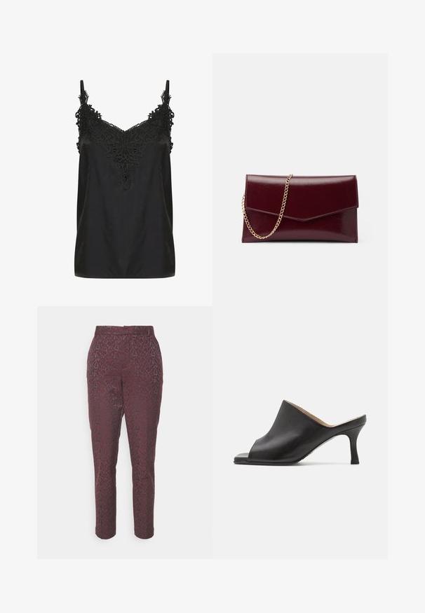 Zwart cami-top met een v-hals en ingewikkelde kantdetails bij de halslijn. Voorzien van spaghettibandjes en een soepele, lichte stof.; Slim-fit tapered bordeauxkleurige broeken met zwart abstract patroon, ritssluiting aan de voorkant, ceintuurlussen en enkel-lange zoom.; Selected ASHLEY - Muiltjes met hak - black; Bordeaux leren clutch tas met een strak, plat design. Voorzien van een gouden kettinghengsel en een hoekige klepsluiting. Soepele textuur met subtiele glans.