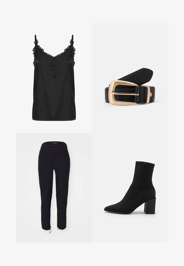 Zwart cami-top met een v-hals en ingewikkelde kantdetails bij de halslijn. Voorzien van spaghettibandjes en een soepele, lichte stof.; Zwarte broek met een gladde textuur, met een slimfit ontwerp, elastische tailleband, twee zakken en verstelbare manchetten met trekkoorden.; Zwarte enkellaars gemaakt van rekbaar stof, met een spitse neus en een vierkante blokhak, afgewerkt met ribbelrand aan de bovenkant.; Zwarte leren riem met een gouden rechthoekige gesp. De riem heeft een gladde textuur en een subtiele stikselafwerking langs de randen.