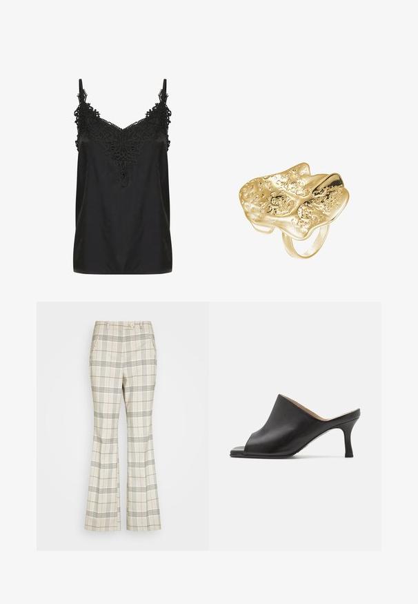 Zwart cami-top met een v-hals en ingewikkelde kantdetails bij de halslijn. Voorzien van spaghettibandjes en een soepele, lichte stof.; Esprit Collection HIGH RISE WIDE LEG - Broek - light taupe; Selected ASHLEY - Muiltjes met hak - black; Gouden metalen ring met een abstract, gestructureerd bladvorm ontwerp. Bevat een onregelmatige vorm met een gepolijste afwerking en een gladde band.
