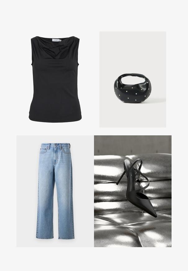 Haut sans manches noir avec un décolleté drapé et une silhouette ajustée, étiqueté "VILA" à l'intérieur du col.; Jeans en denim bleu clair au design droit, dotés d'une fermeture à bouton, de passants de ceinture et d'un léger décoloration dans la texture du tissu.; Escarpin noir à bout pointu et talon stiletto avec brides croisées reposant sur une surface en cuir argenté capitonné et brillant.; Sac à main en cuir noir de forme arrondie, décoré de clous argentés et équipé d'une poignée courte. Texture lisse et fermeture éclair.