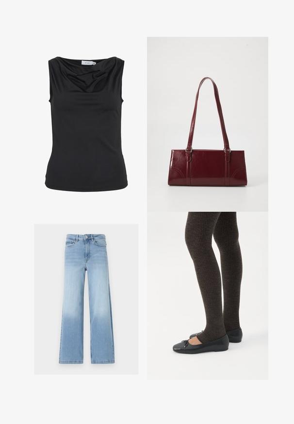 Haut sans manches noir avec un décolleté drapé et une silhouette ajustée, étiqueté "VILA" à l'intérieur du col.; Jean larges taille haute bleu clair avec bouton et fermeture éclair à l'avant, poches avant et arrière, et détails délavés subtils.; Jambes portant des leggings côtelés foncés associés à des ballerines noires avec de petits détails en nœud sur fond blanc.; Sac à main bordeaux en matériau brillant, de forme rectangulaire, avec deux anses et des accents légèrement courbés à l'avant.