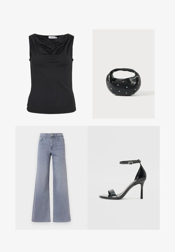 Haut sans manches noir avec un décolleté drapé et une silhouette ajustée, étiqueté "VILA" à l'intérieur du col.; Jean en denim bleu clair, taille haute, jambes larges, avec fermeture à boutons et fermeture éclair à l'avant, poches avant et arrière, présenté sur fond blanc.; Sandale à talon haut en cuir verni noir avec un bout ouvert, une seule lanière à l'avant et une lanière de cheville ajustable.; Sac à main en cuir noir de forme arrondie, décoré de clous argentés et équipé d'une poignée courte. Texture lisse et fermeture éclair.