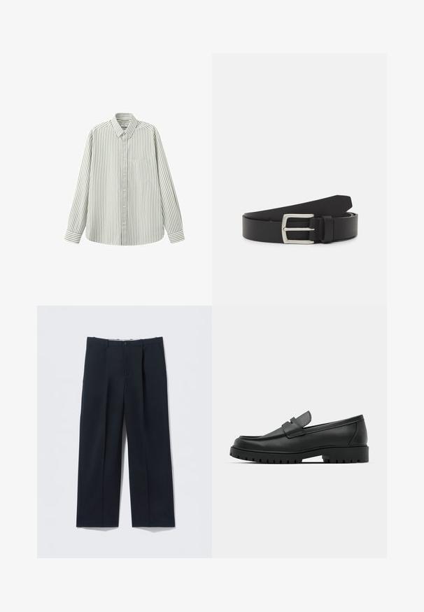 Chemise à manches longues avec boutons, rayures verticales blanches et gris clair, col et poche poitrine gauche, présentée à plat sur un fond blanc.; Pantalon bleu marine foncé en tissu lisse, avec une coupe ajustée, deux poches avant et une fermeture par bouton.; Mocassins en cuir noir à bout arrondi, avec un design cousu, une semelle plateforme basse et une semelle en caoutchouc texturée et crantée.; Ceinture en cuir noir avec une boucle en métal argenté. Elle présente une texture lisse et un design classique avec une seule languette.