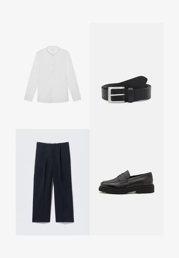 Chemise blanche à manches longues avec col montant et une poche poitrine, posée à plat sur un fond uni.; Pantalon bleu marine foncé en tissu lisse, avec une coupe ajustée, deux poches avant et une fermeture par bouton.; Mocassin en cuir noir avec un bout rond, des détails cousus, et une semelle épaisse et texturée. Présente un design élégant et minimaliste.; Ceinture en cuir noir avec une texture lisse, boucle rectangulaire en argent et une boucle pour l'extrémité. Présente des coutures soignées le long des bords.