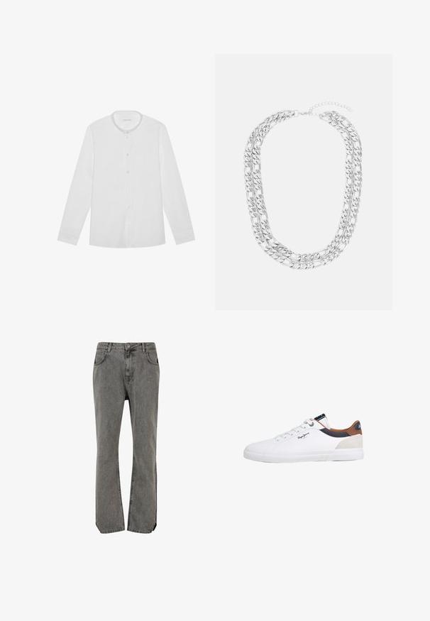 Chemise blanche à manches longues avec col montant et une poche poitrine, posée à plat sur un fond uni.; Jeans en denim gris à jambes droites avec cinq poches, une fermeture éclair et une finition légèrement délavée, présentant des détails de coutures et une silhouette décontractée.; Baskets blanches en cuir lisse, avec des accents contrastants en brun, marine et beige. Design classique à lacets avec une semelle en caoutchouc texturée.; Collier en argent composé de plusieurs couches, avec des maillons entrelacés de tailles variées et un fermoir doté d'une chaîne ajustable.