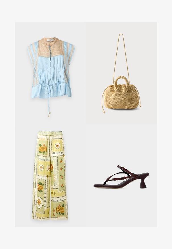 Blouse bleu clair à manches courtes avec des détails en dentelle beige, des boutons recouverts de tissu à l'avant, des plis et un cordon de serrage à l'ourlet avec des accents dorés.; Pantalon à jambes larges avec motifs patchwork floraux et géométriques jaune clair, ceinturé d'une bande élastique et d'un cordon de serrage.; Sandale à talon rouge foncé à brides avec boucles réglables et talon mi-hauteur évasé sur une surface plane.; Sac à main tissé beige avec poignées supérieures tressées, côtés à cordon de serrage et une longue bandoulière fine sur fond blanc uni.