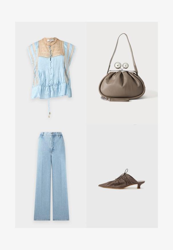 Blouse bleu clair à manches courtes avec des détails en dentelle beige, des boutons recouverts de tissu à l'avant, des plis et un cordon de serrage à l'ourlet avec des accents dorés.; Jeans larges bleu clair en denim avec une taille haute, comprenant cinq passants de ceinture, une fermeture à bouton à l'avant et des coutures cousues.; Mule en cuir marron avec un bout pointu, texture froncée, petit talon et un accent de cordon de serrage à l'ouverture. Fini lisse.; Sac à main en cuir gris de forme arrondie, fermeture supérieure avec deux grandes sphères argentées, et une seule anse.